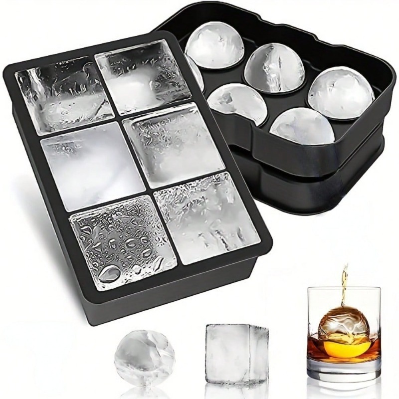 Ice Mold Sphere - 蓋付きプレミアムシリコン製製氷皿 大型角型と球型の氷型 カクテルや飲料の作り方、食品保存に